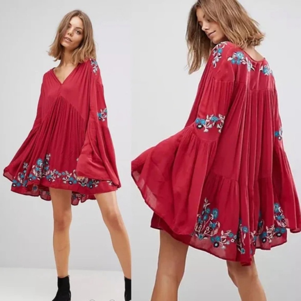 Free People | Te Amo Red Mini Embroidered Dress S